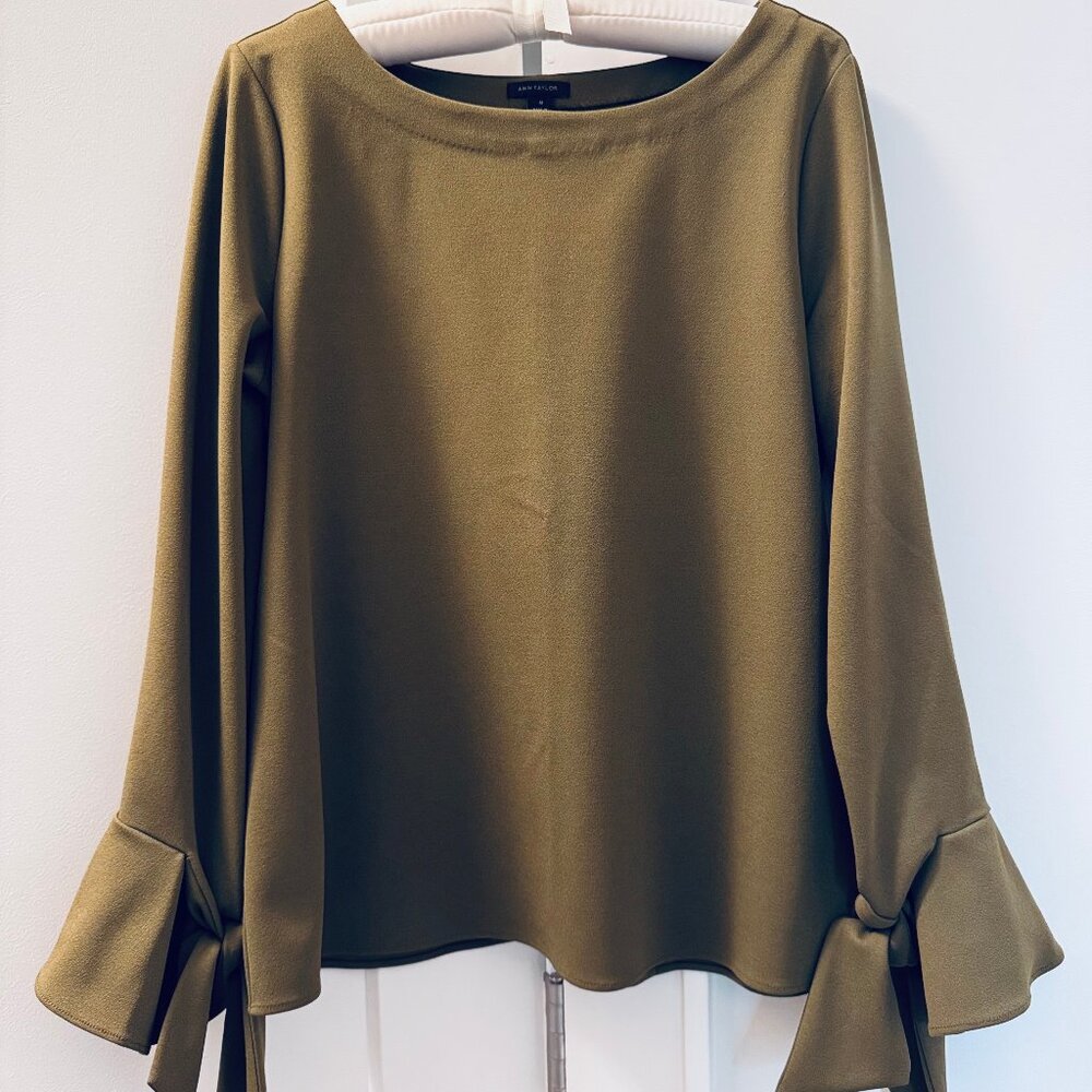 Ann Taylor Olive Green Tie Sleeve Blouse - Women's size Medium